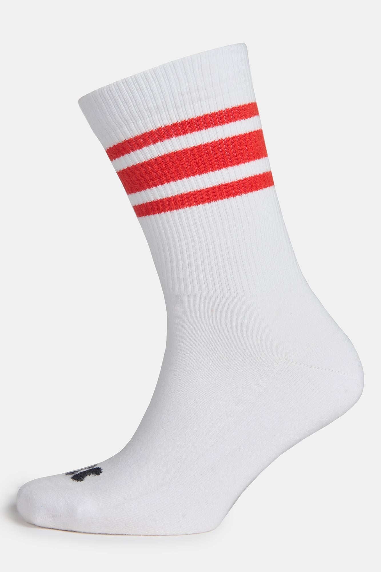 Image of sports cotton sock in white with flame red stripe on ghost mannequin, CC logo on the toe
