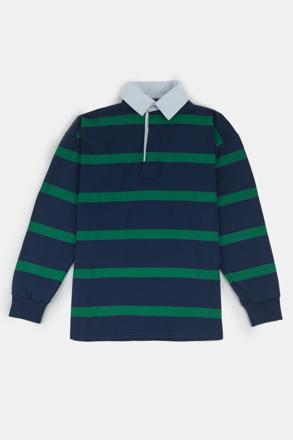 
            Flatlay image of unisex stripe rugby shirt in navy emerald 