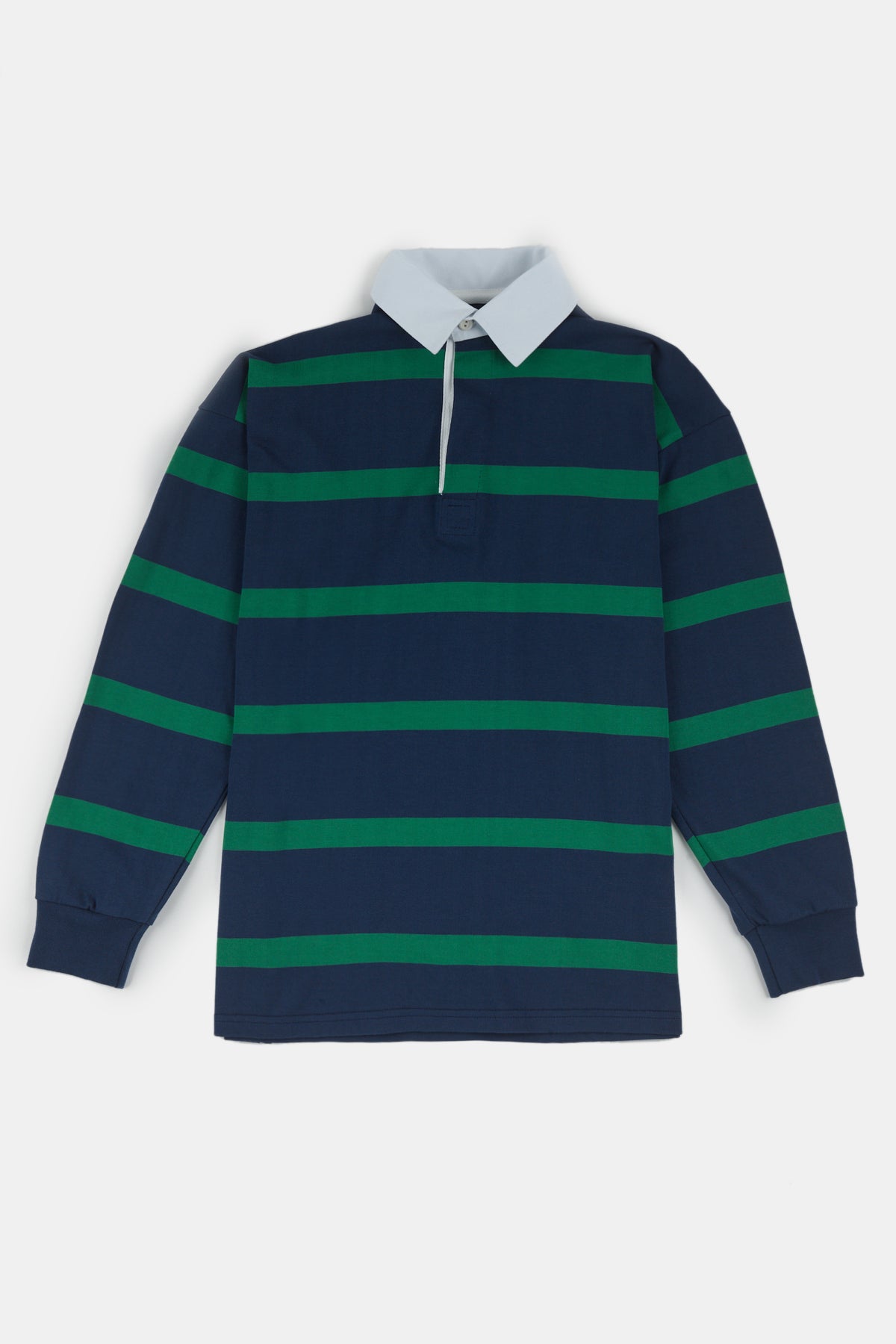 Flatlay image of unisex stripe rugby shirt in navy emerald