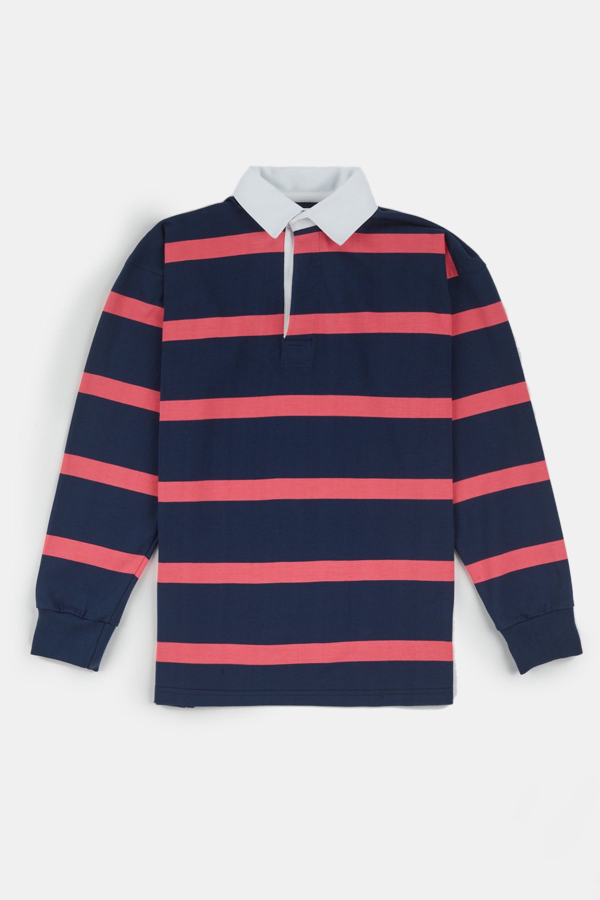 
            Flatlay product shot image of unisex stripe rugby shirt in navy pink 