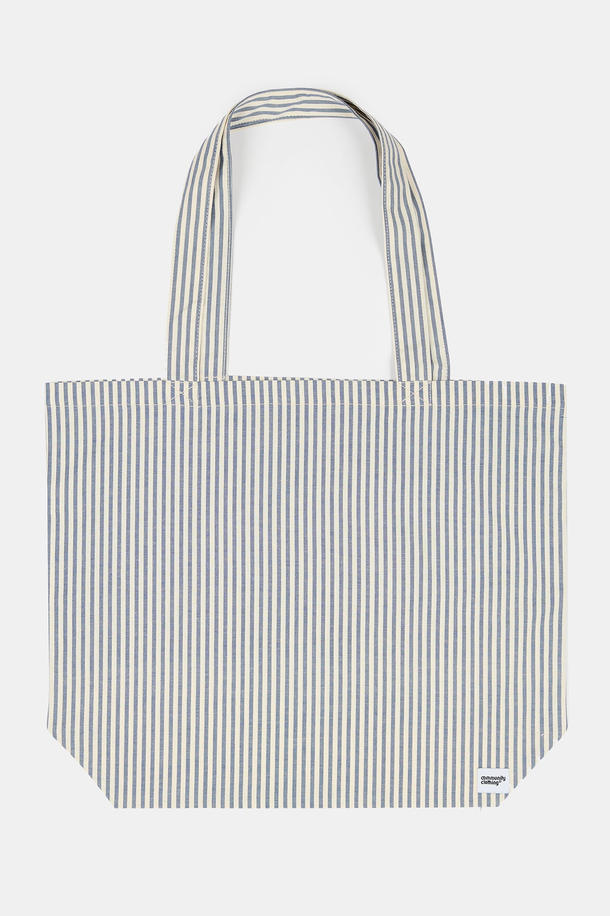 
            Flatlay product image of unisex stripe tote bag in navy and wide