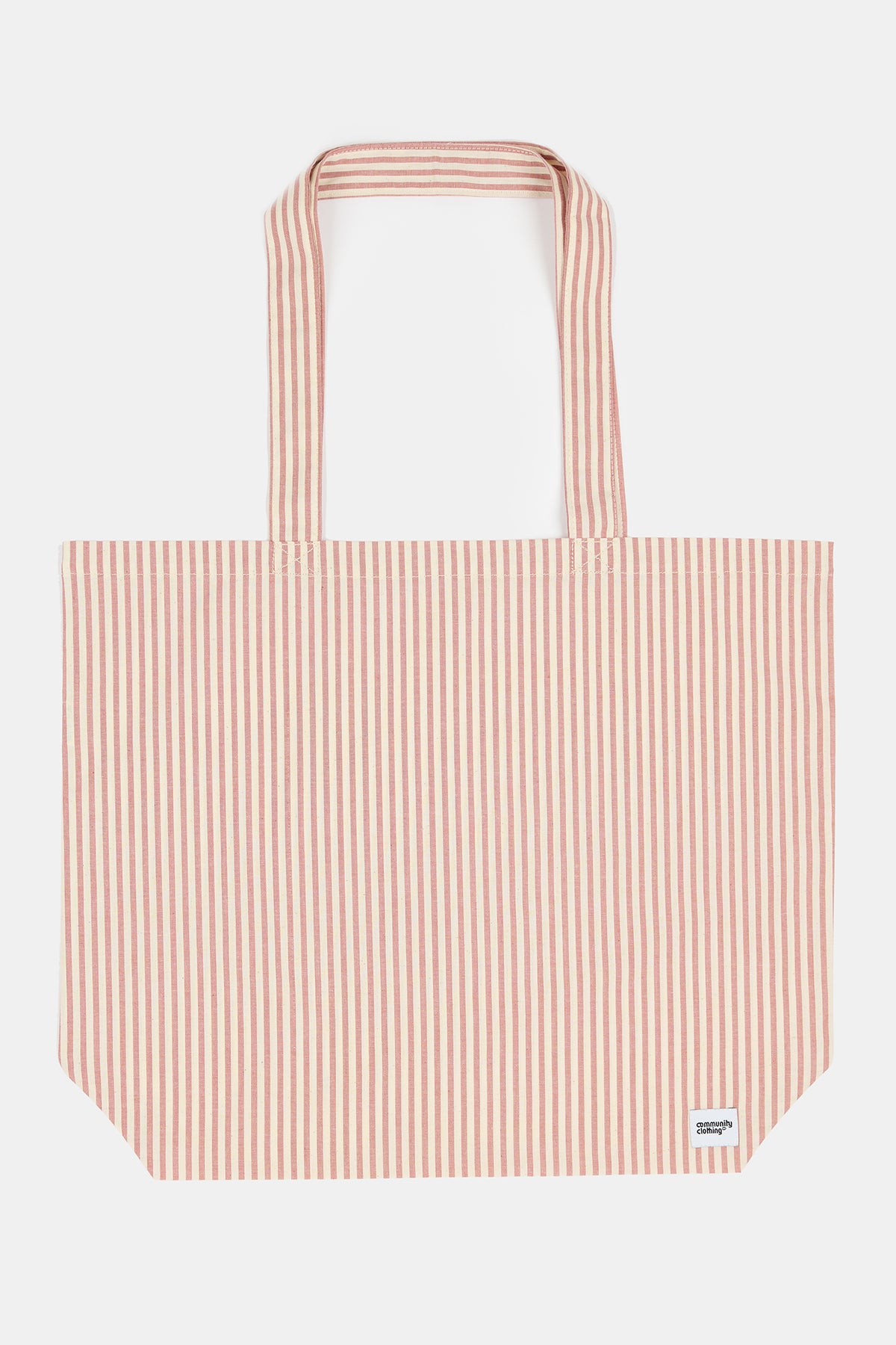 Flatlay product image of unisex stripe tote bag in red and white