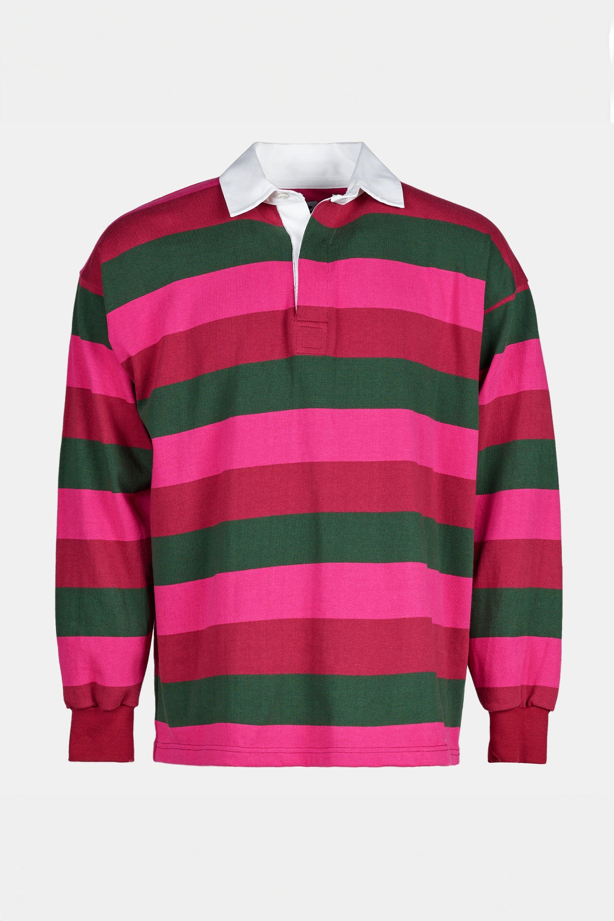 
            Shot of unisex striped rugby shirt maroon,bottle green, cerise on ghost mannequin
