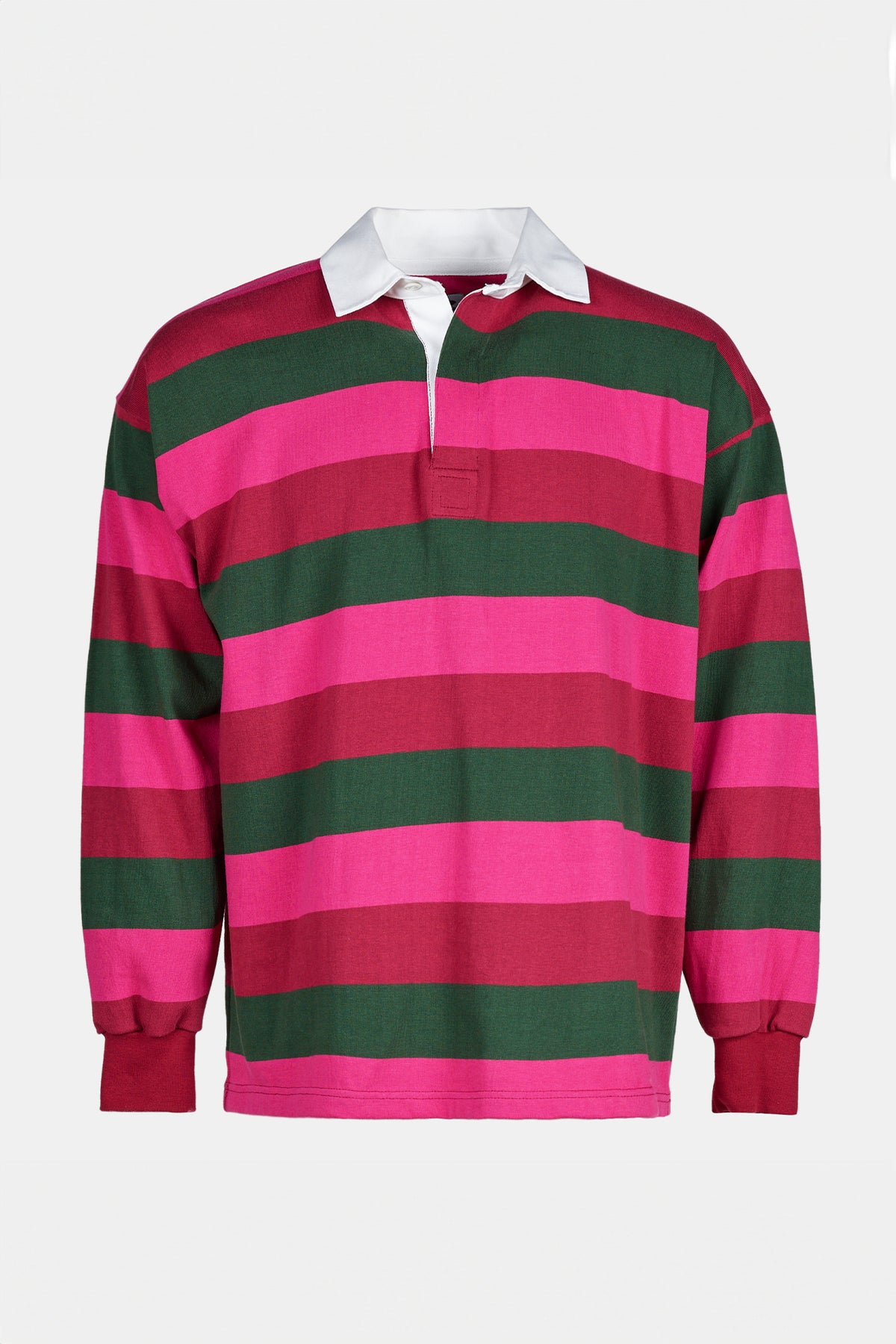 Shot of unisex striped rugby shirt maroon,bottle green, cerise on ghost mannequin