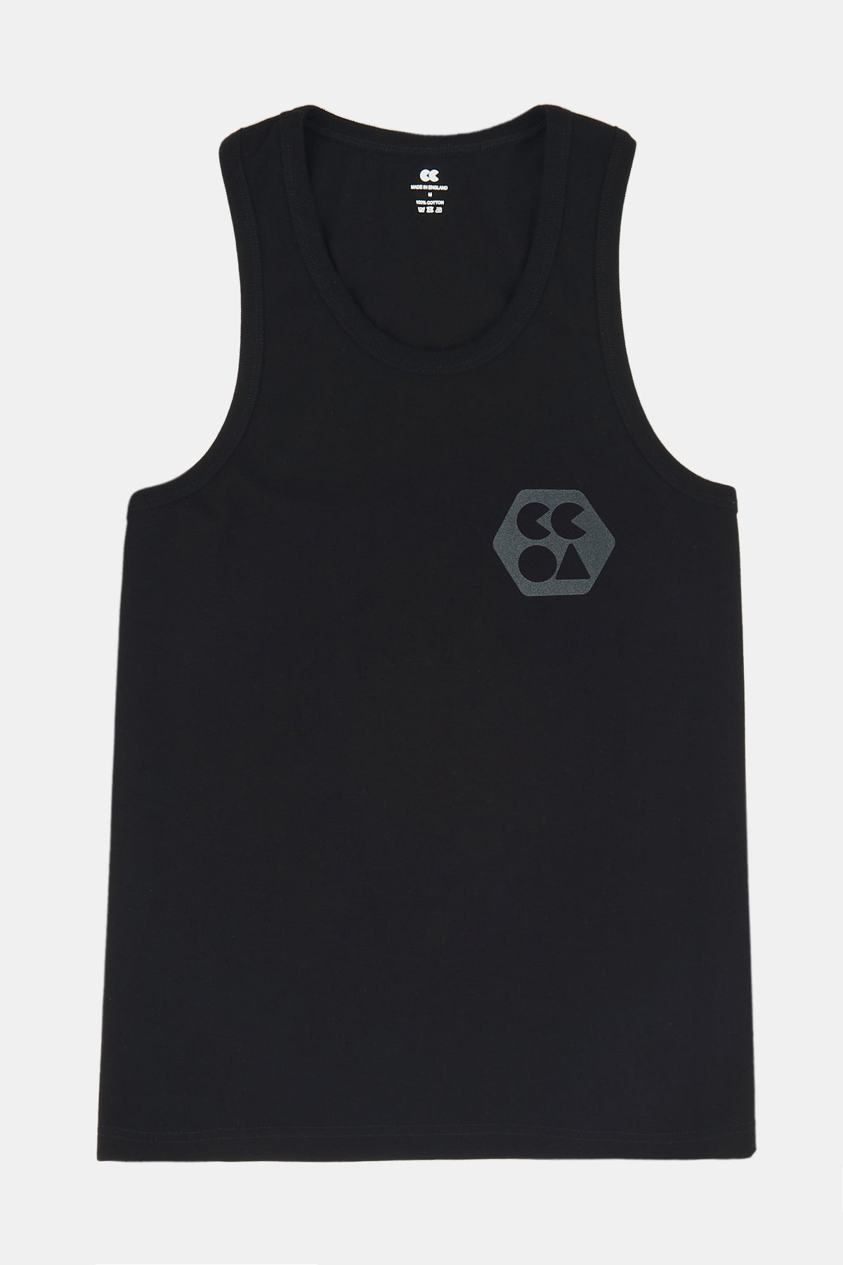 
            Flatlay product shot of women&#39;s breathable racer back vest plastic free in black