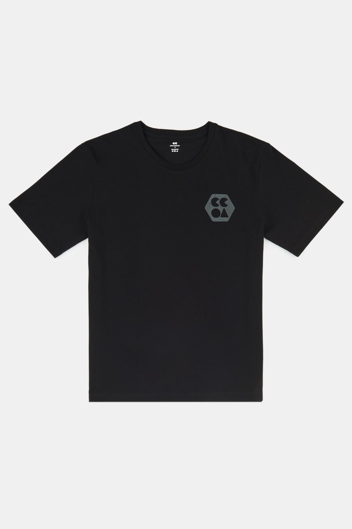 Flatlay product shot of women's breathable t shirt plastic free in black with CCOA logo
