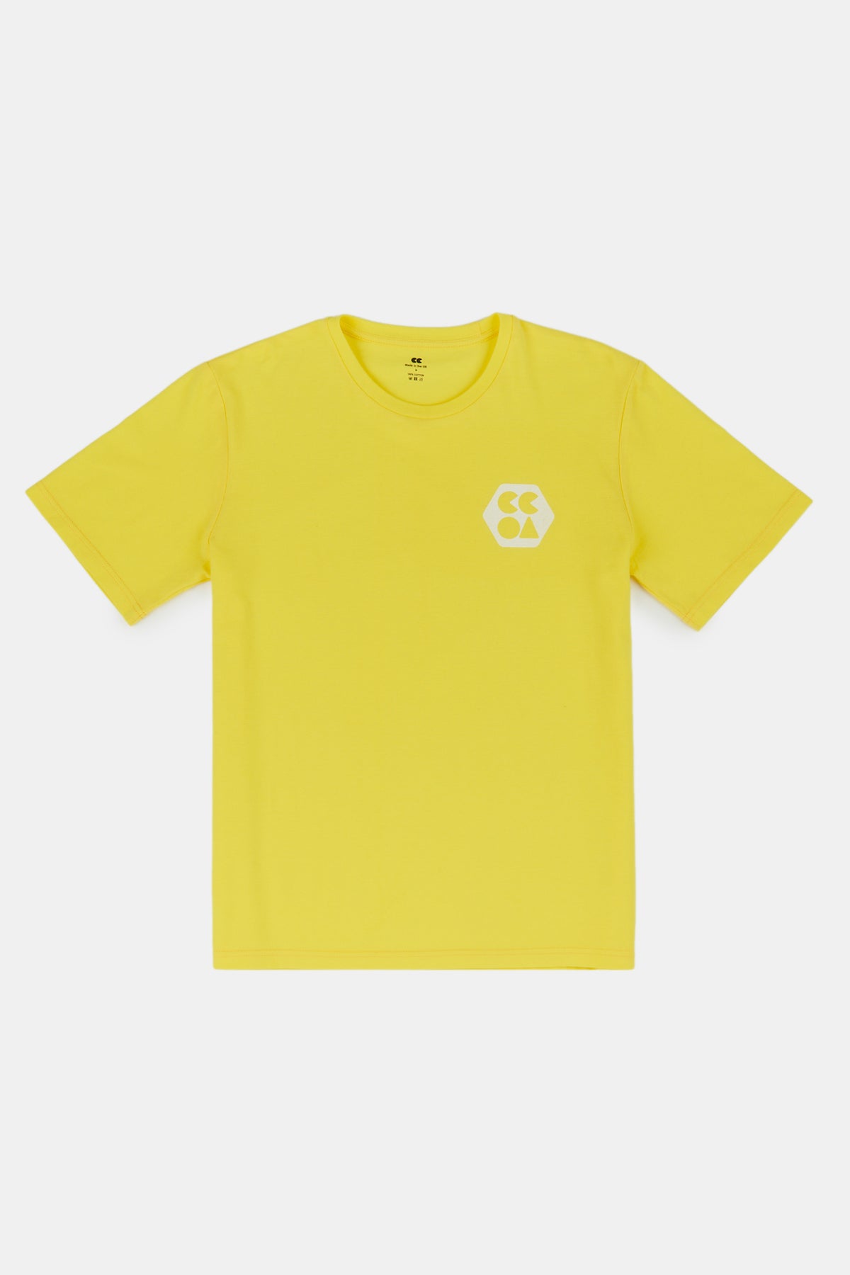Flatlay product shot of women's breathable short sleeve t shirt plastic free in canary yellow