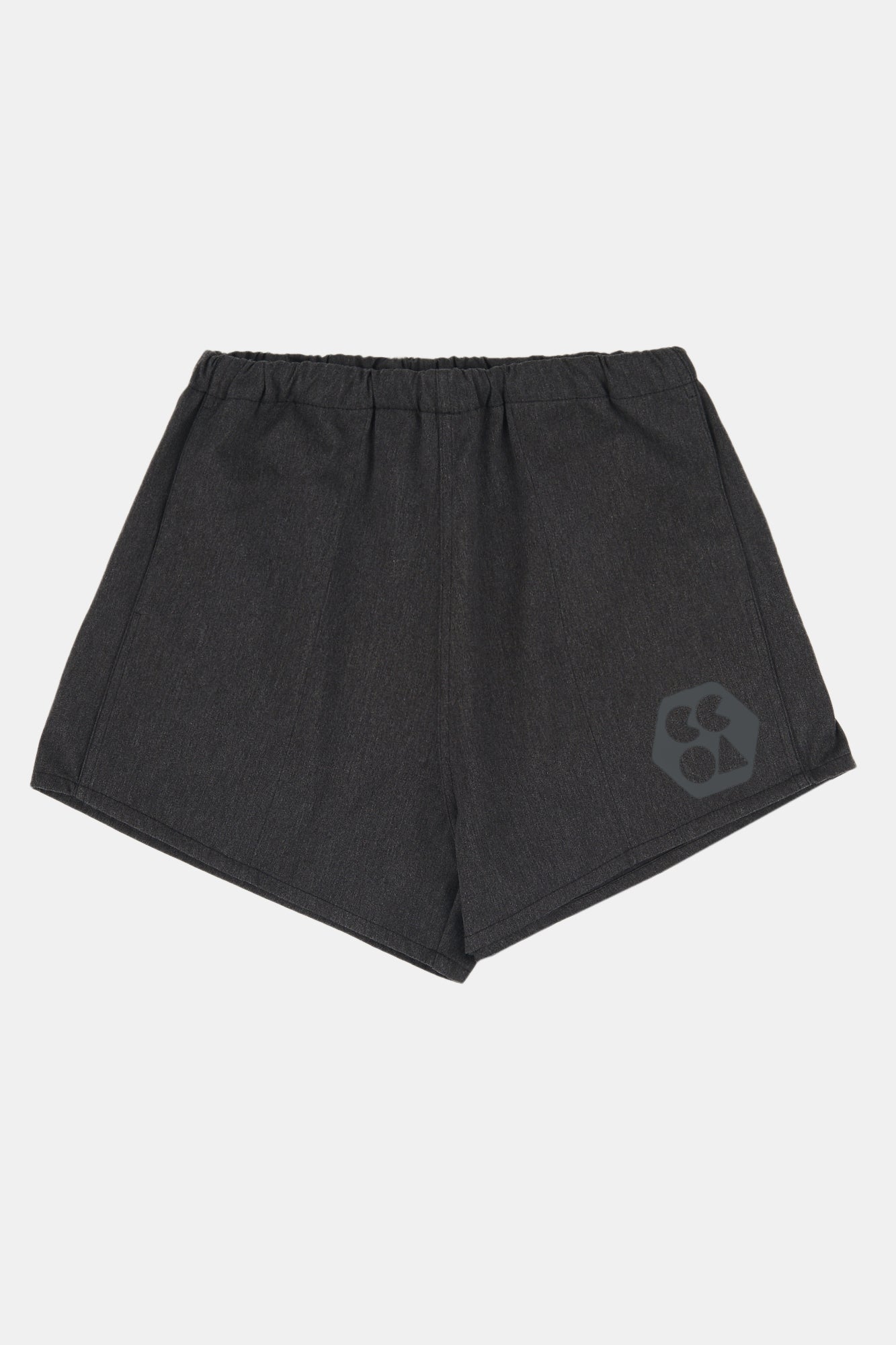 Flatlay product shot of women's heavyweight sports short plastic free in charcoal marl with black CCOA logo