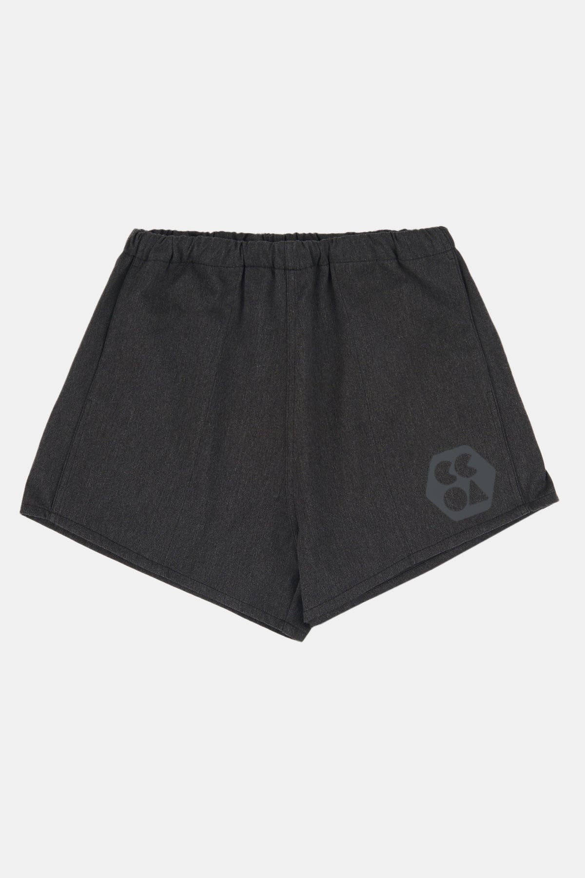 
            Flatlay product shot of women&#39;s heavyweight sports short plastic free in charcoal marl with black CCOA logo
