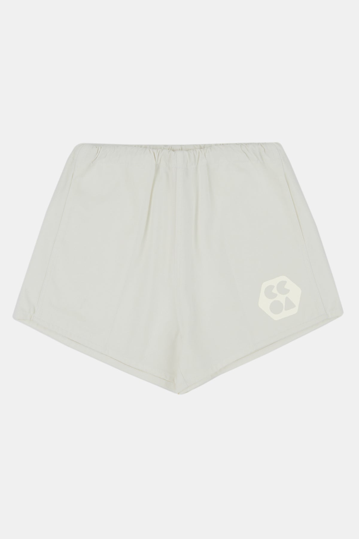Flatlay product shot of women's heavyweight sports short plastic free in white with white CCOA logo