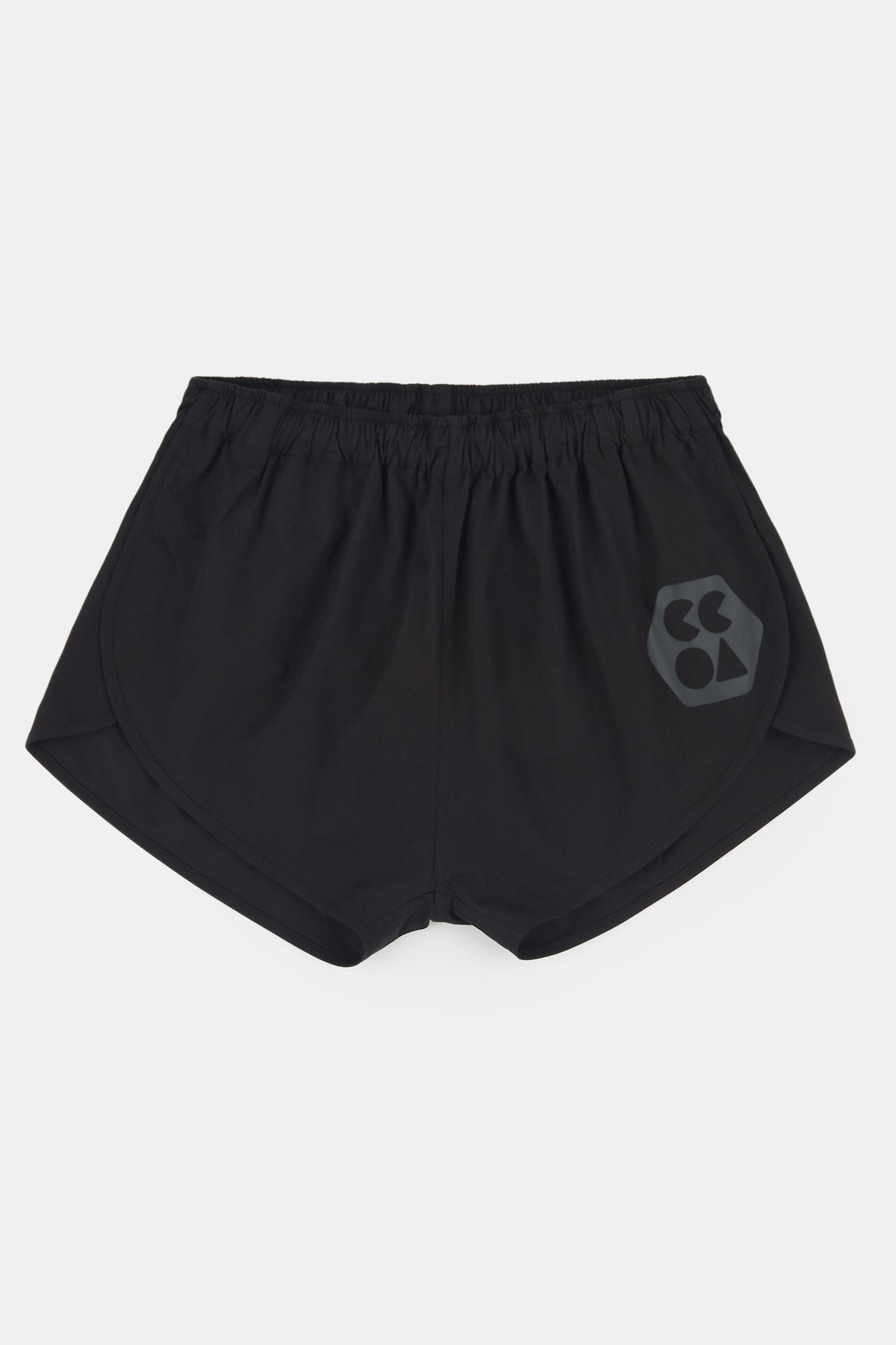 Flatlay product shot of women's lightweight running short plastic free in black with CCOA logo