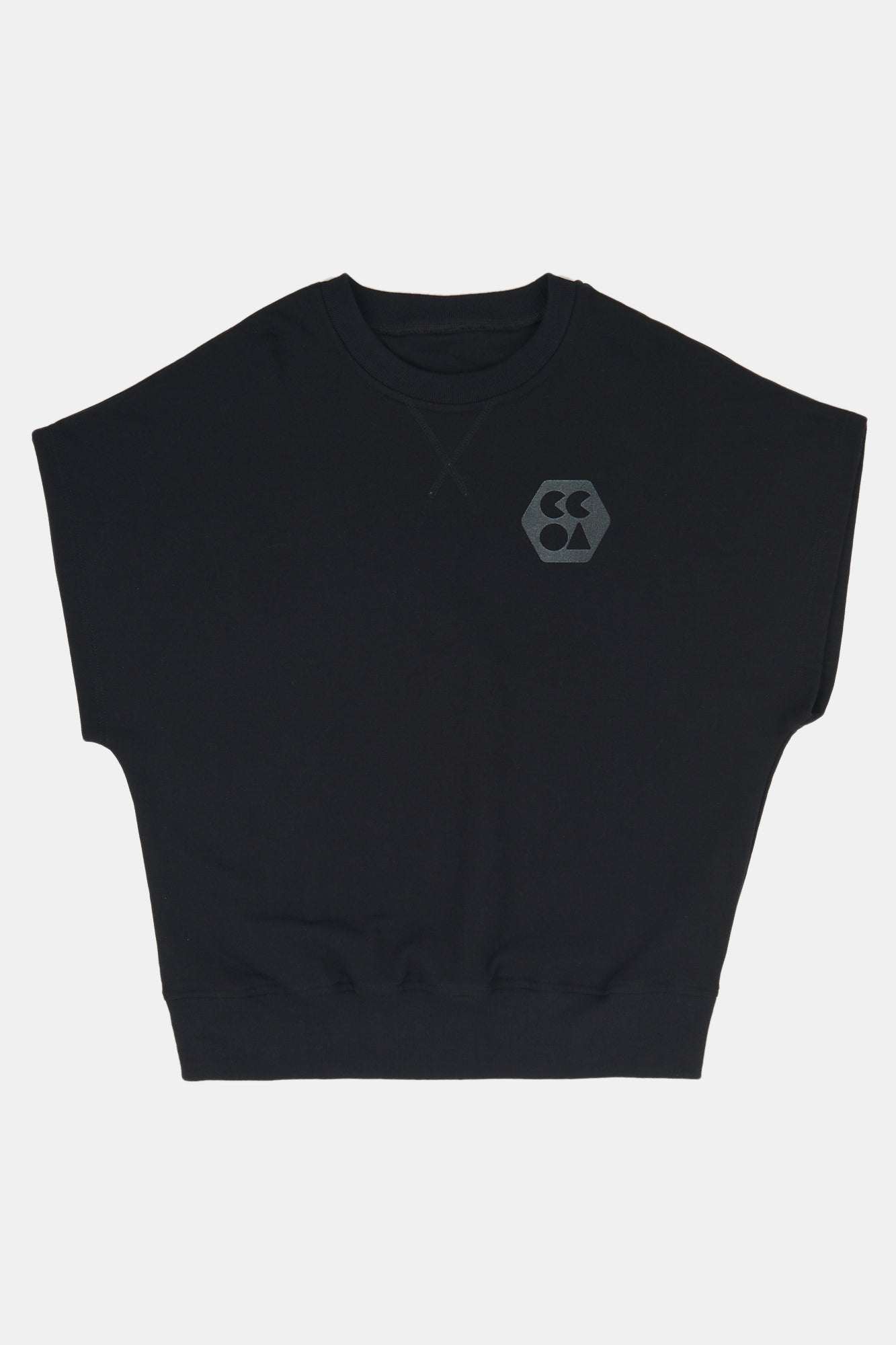 Flatlay product shot of sleeveless sweatshirt plastic free in black