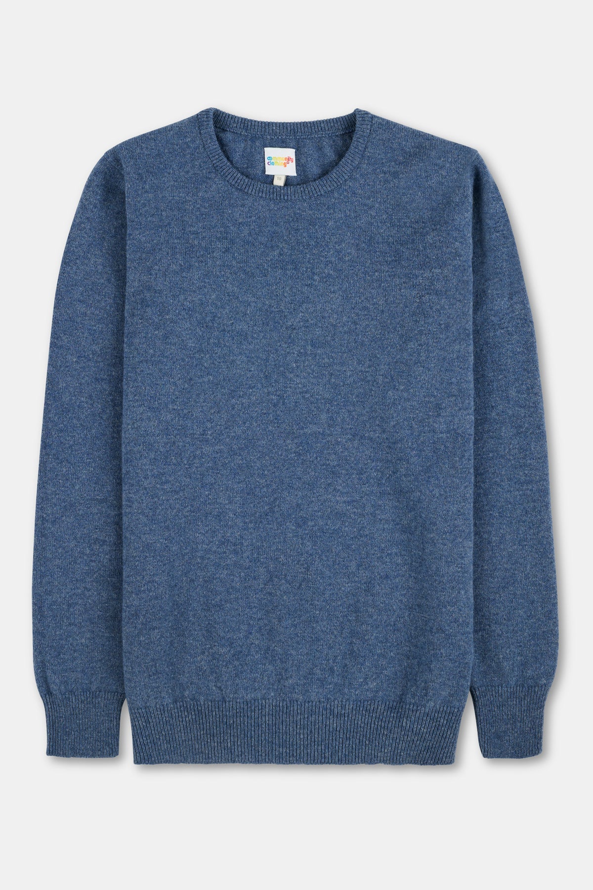 Flatlay of blue lambswool crew neck sweater.