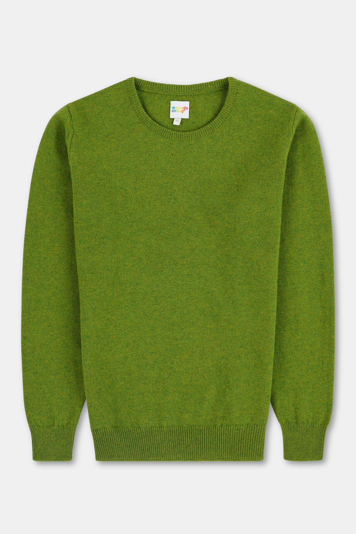 Flatlay of green lambswool crew neck sweater.
