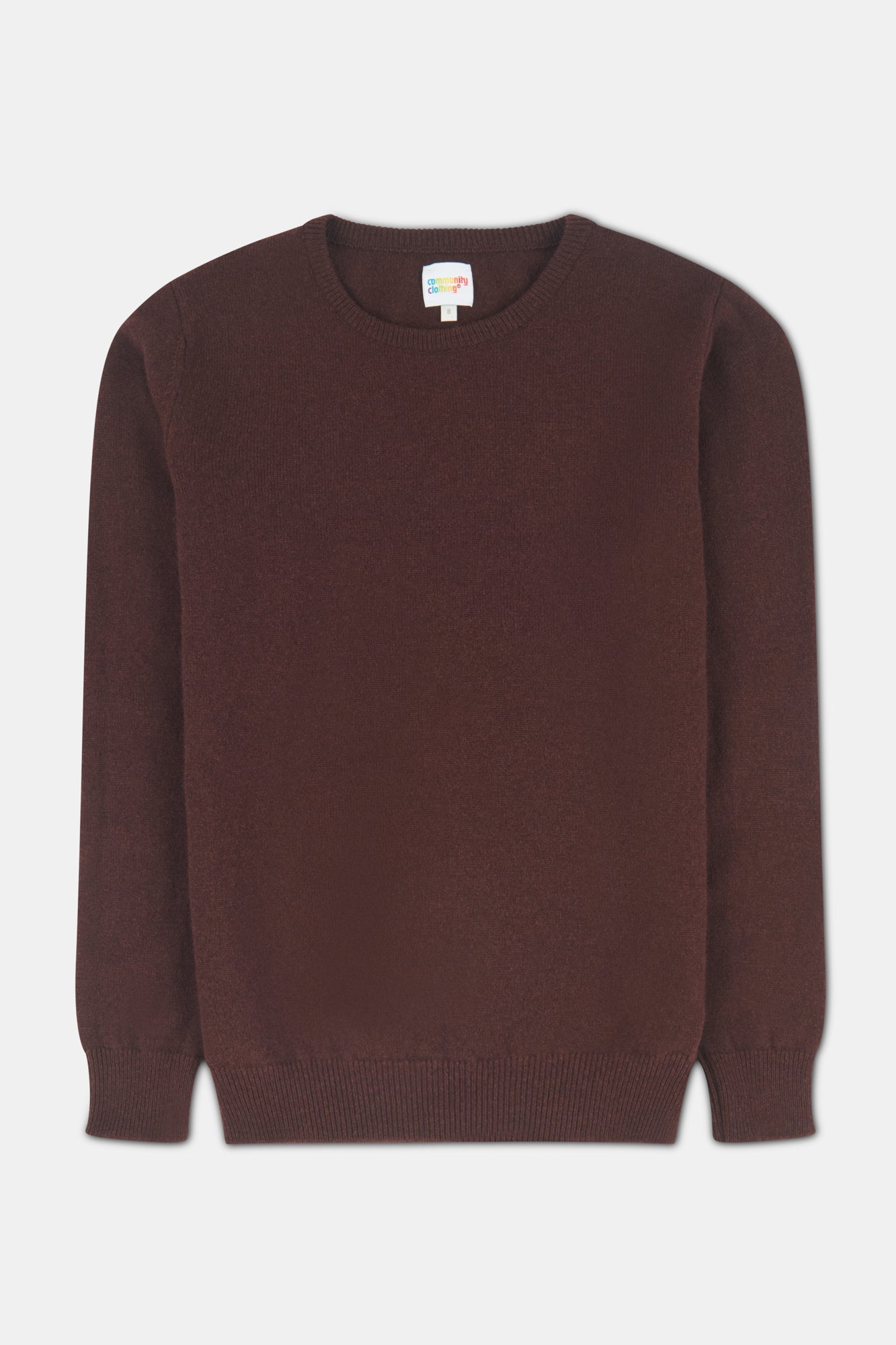lambswool crew neck jumper in chocolate on white background.