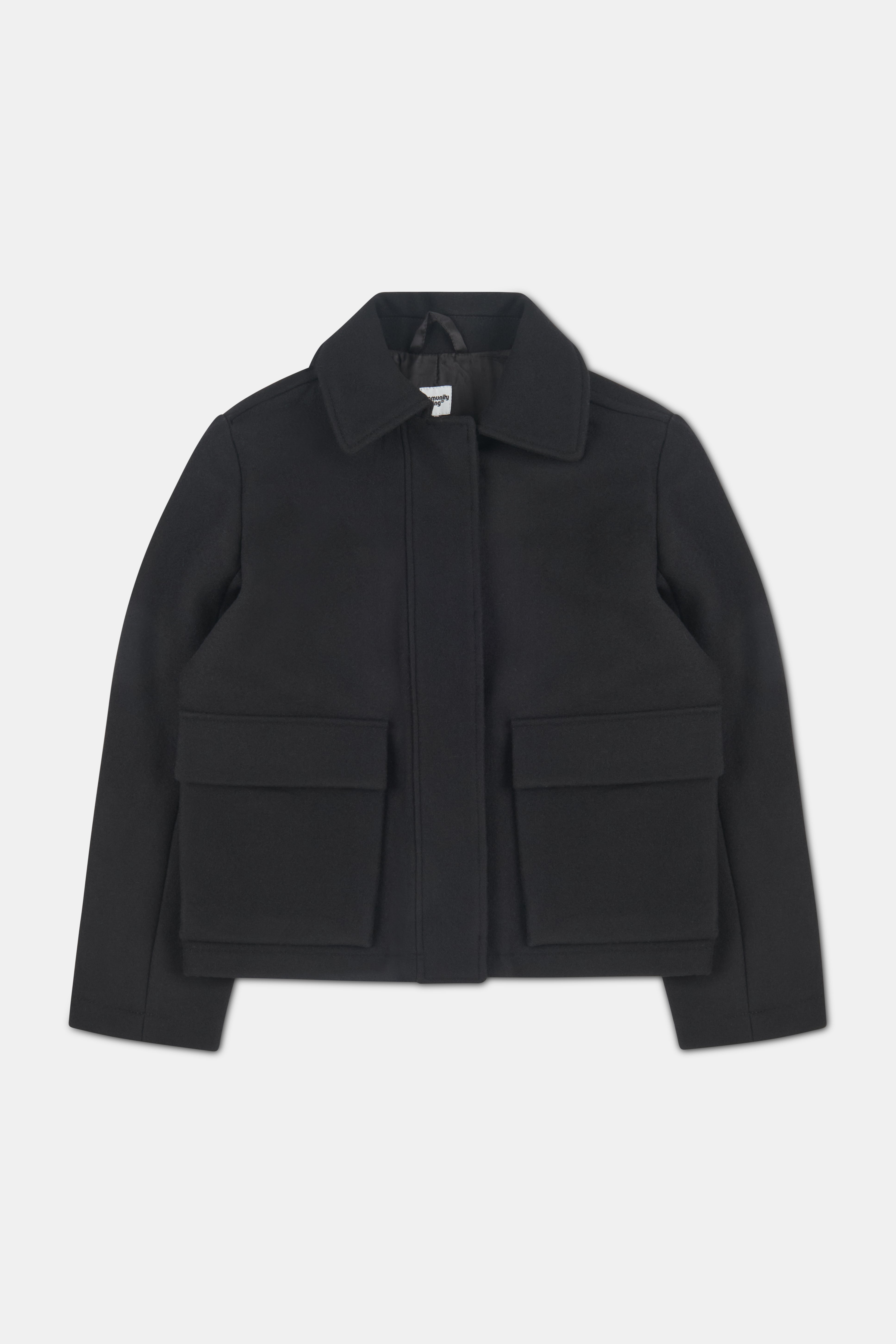 Women's short wool black coat with two front patch pockets with flaps.