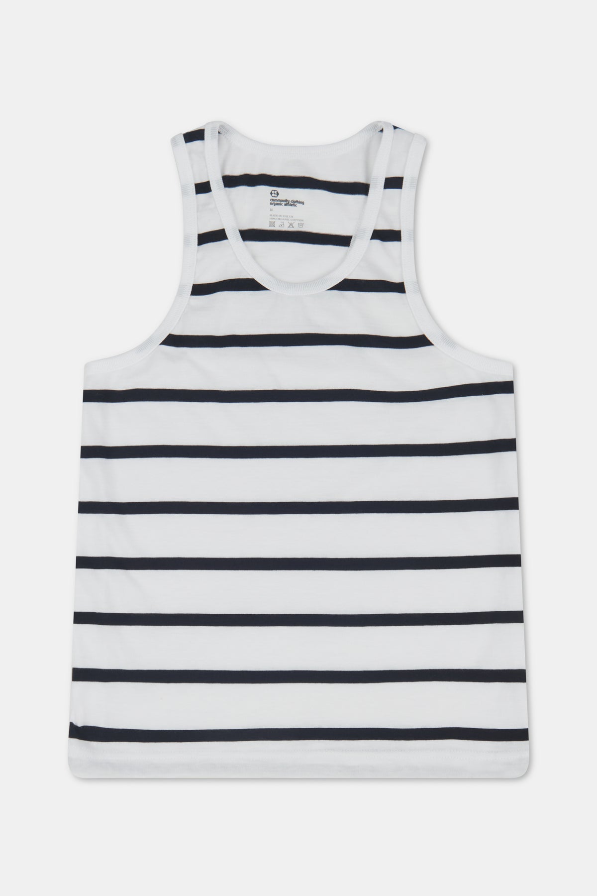White racer back vest with navy stripes on white background
