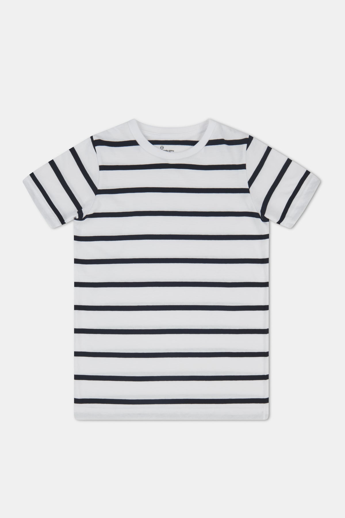 White t-shirt with navy stripes on a white background