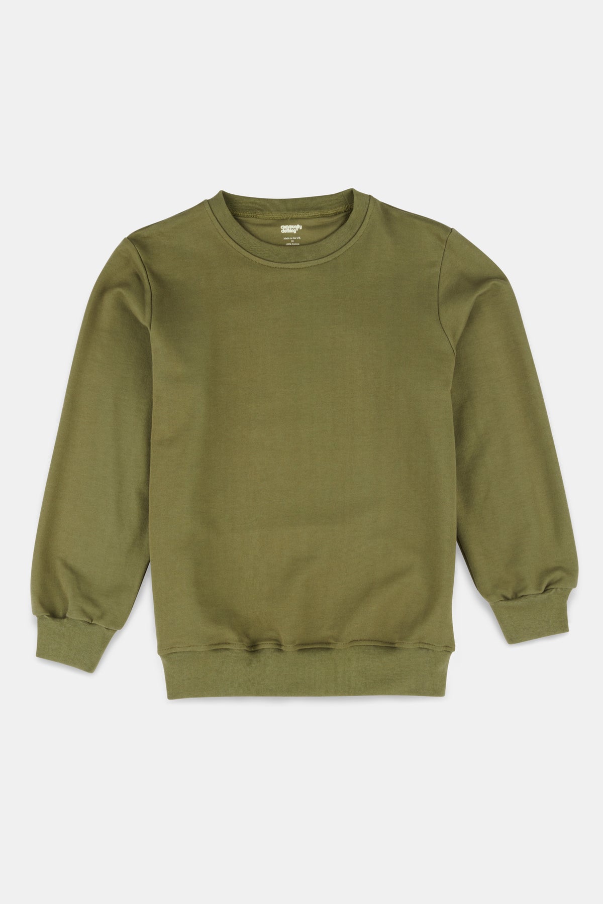 Flatlay of women's sweatshirt in olive, ribbed hem , neck and cuffs.
