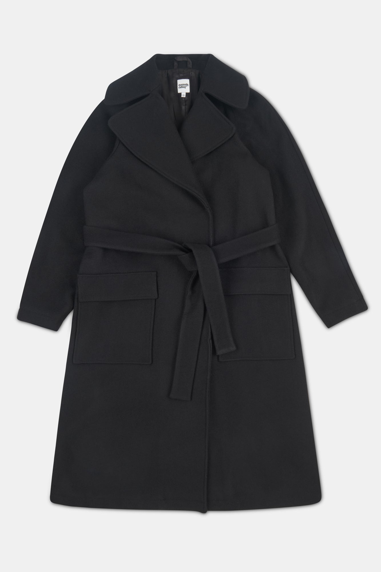 Black coat with a belt on a light gray background
