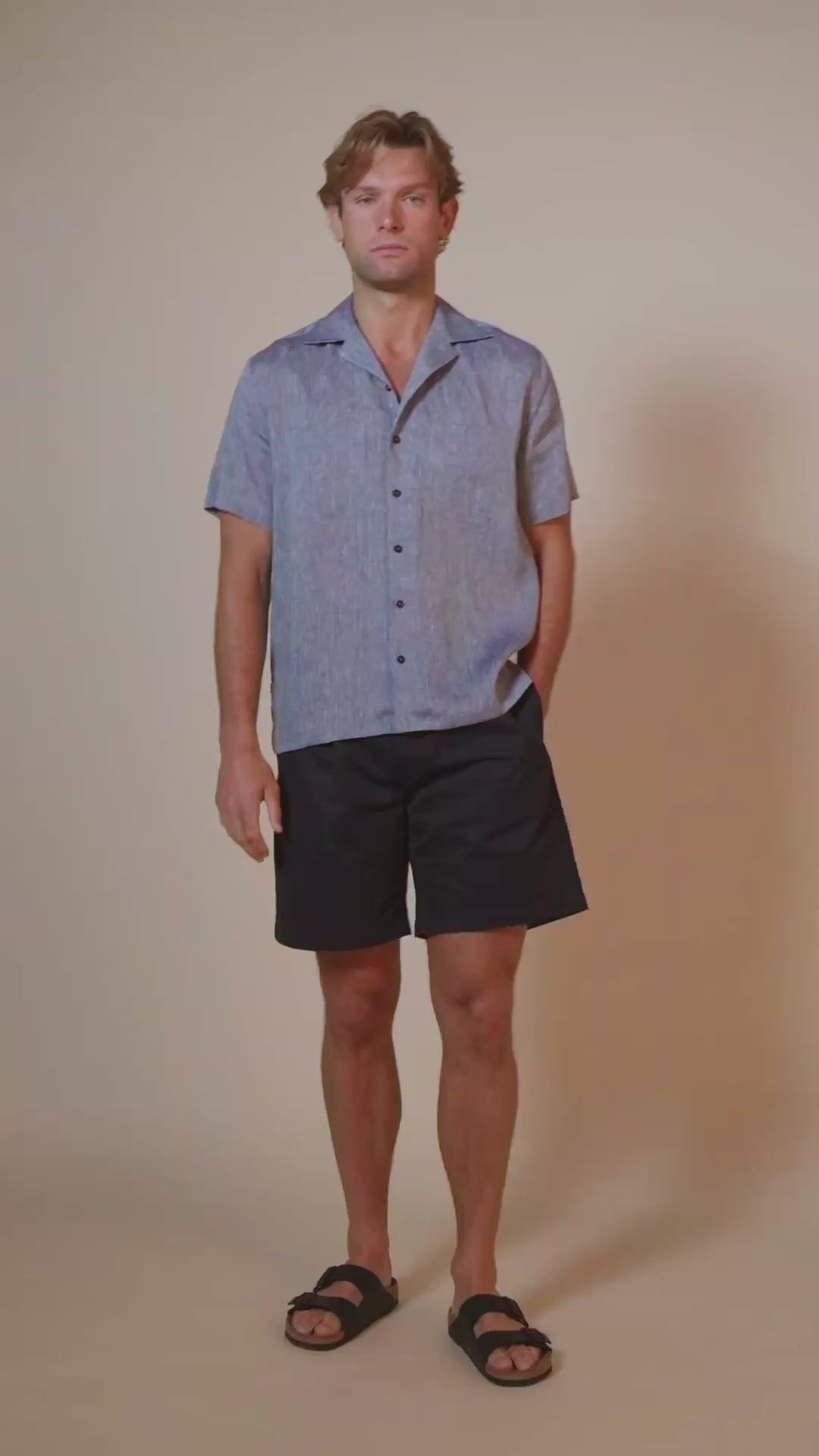 MARC LINEN SHORT SLEEVE BOWLING SHIRT - INDIGO