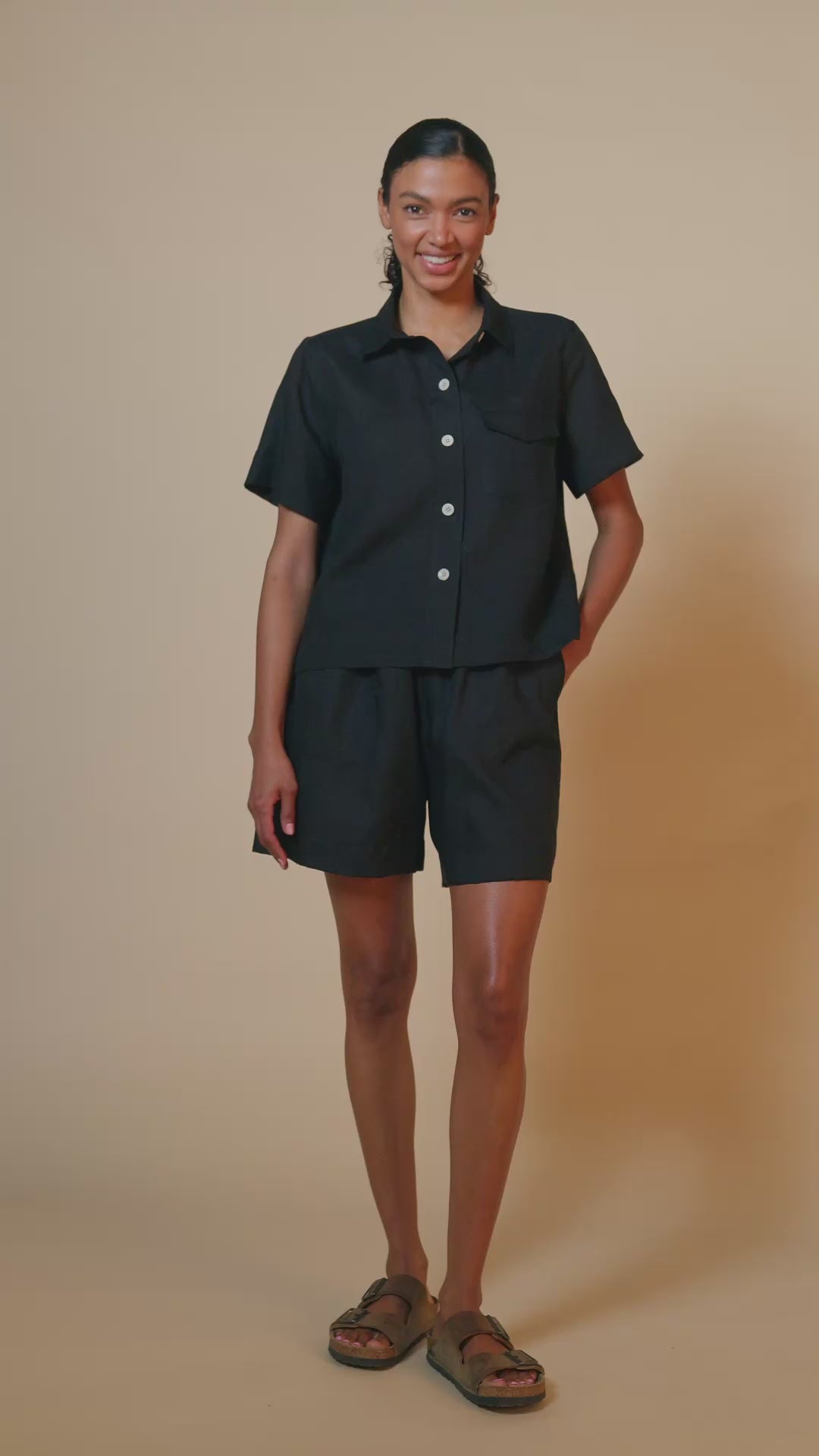 Penny Cropped Shirt Linen - Black