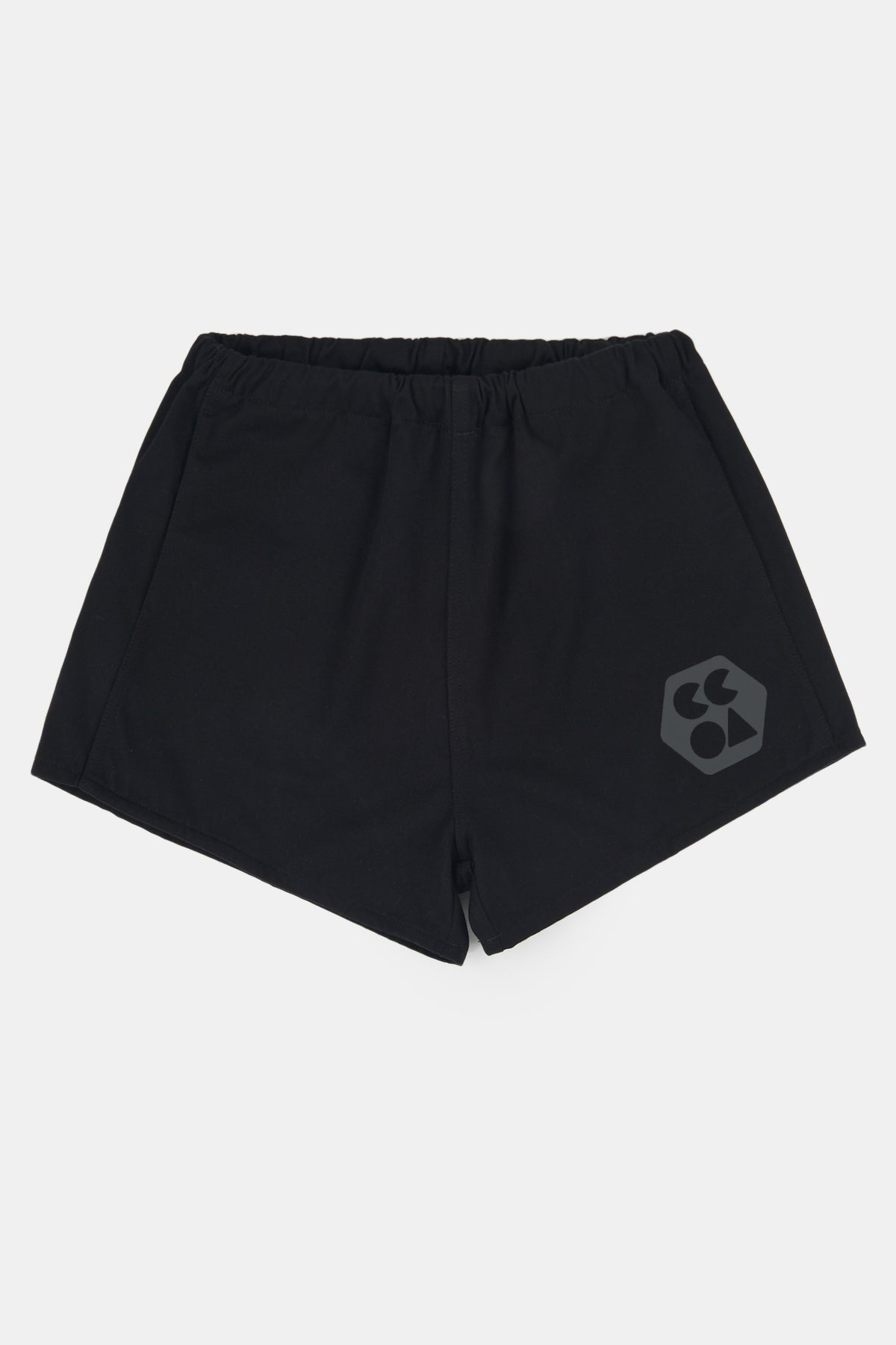 
            Flatlay product shot of women&#39;s heavyweight sports short plastic free in black with CCOA logo