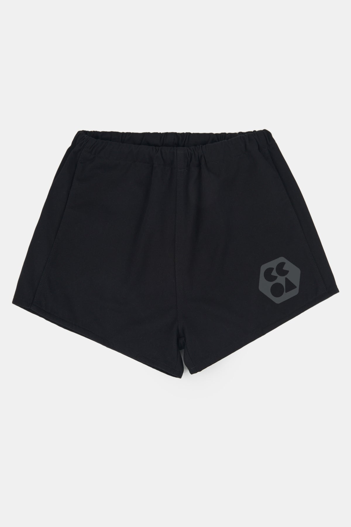 Flatlay product shot of women's heavyweight sports short plastic free in black with CCOA logo